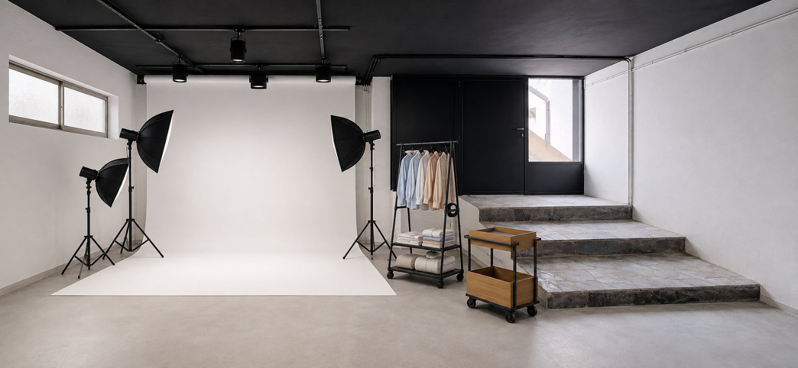 Studio backdrop area with light modifiers and stone stairs