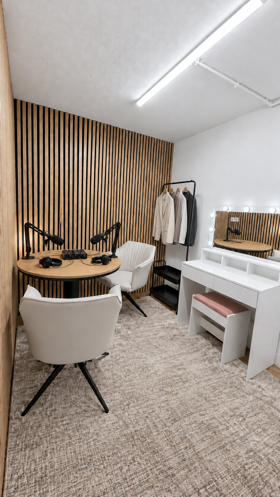 Podcast room with wood slat acoustic wall, round table, microphones, headphones and makeup station